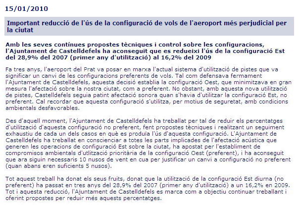 Noticia publicada por la OMSICA sobre la reducci�n del uso de la configuraci�n este en el aeropuerto del Prat durante los tres primeros a�os naturales de funcionamiento de la propuesta global